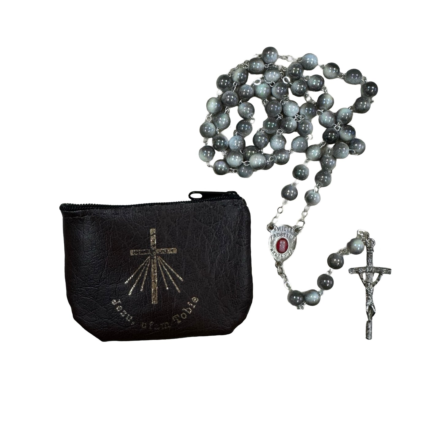 Marble St. Faustina Rosary with Relic and Pouch