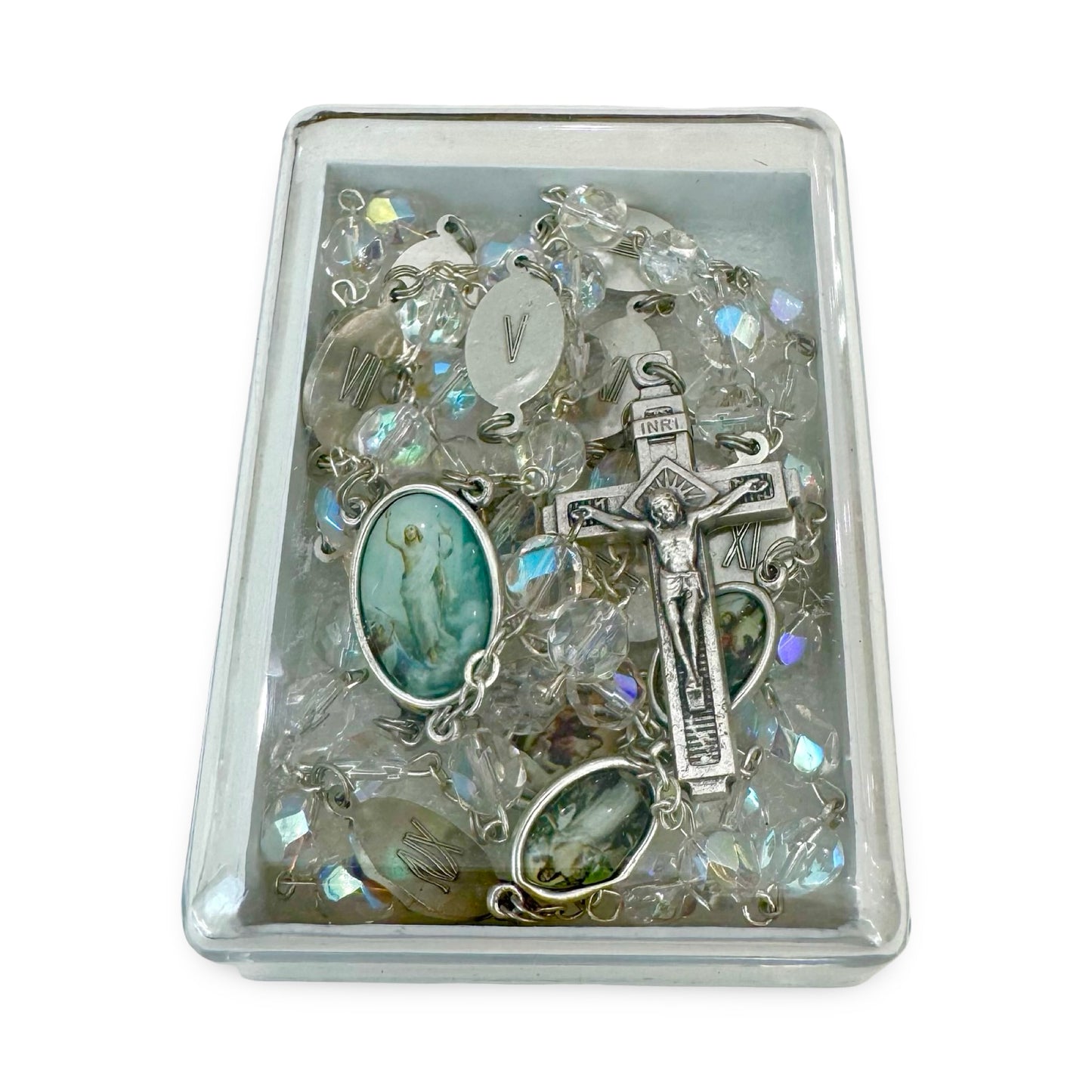 Crystal Stations of the Cross Chaplet with Colored Medals in Case