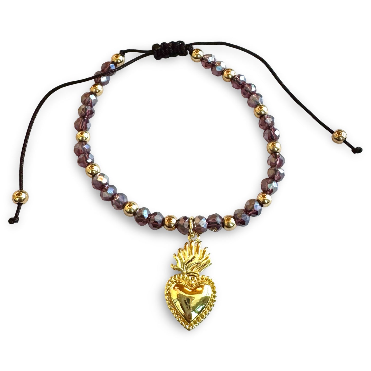 Adjustable String Purple and Copper Beaded Bracelet with Sacred Heart