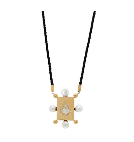 One Double sided gold scapular with shell pearls on cord