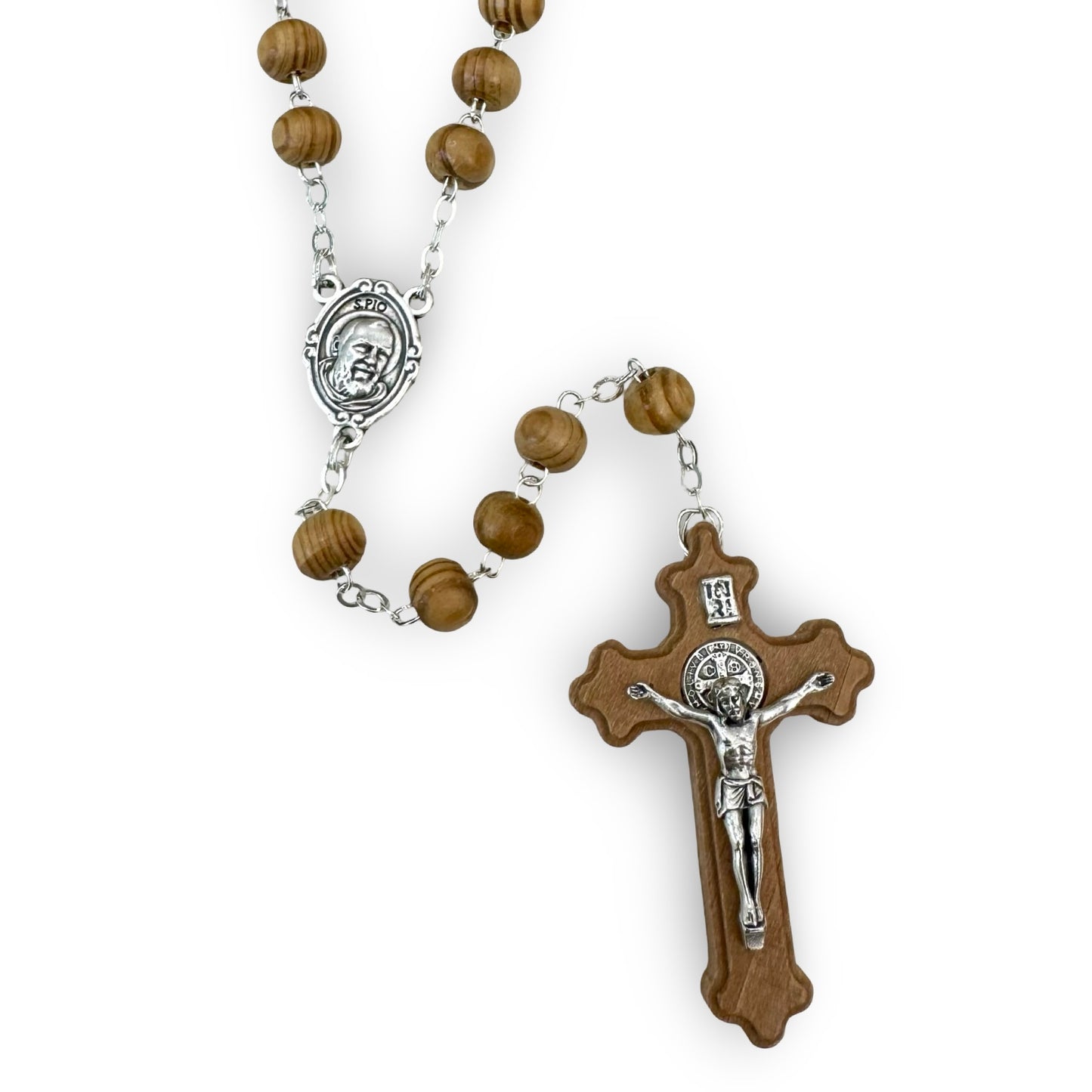 Wood Chain Padre Pío Relic Rosaries with St. Benedict Medals