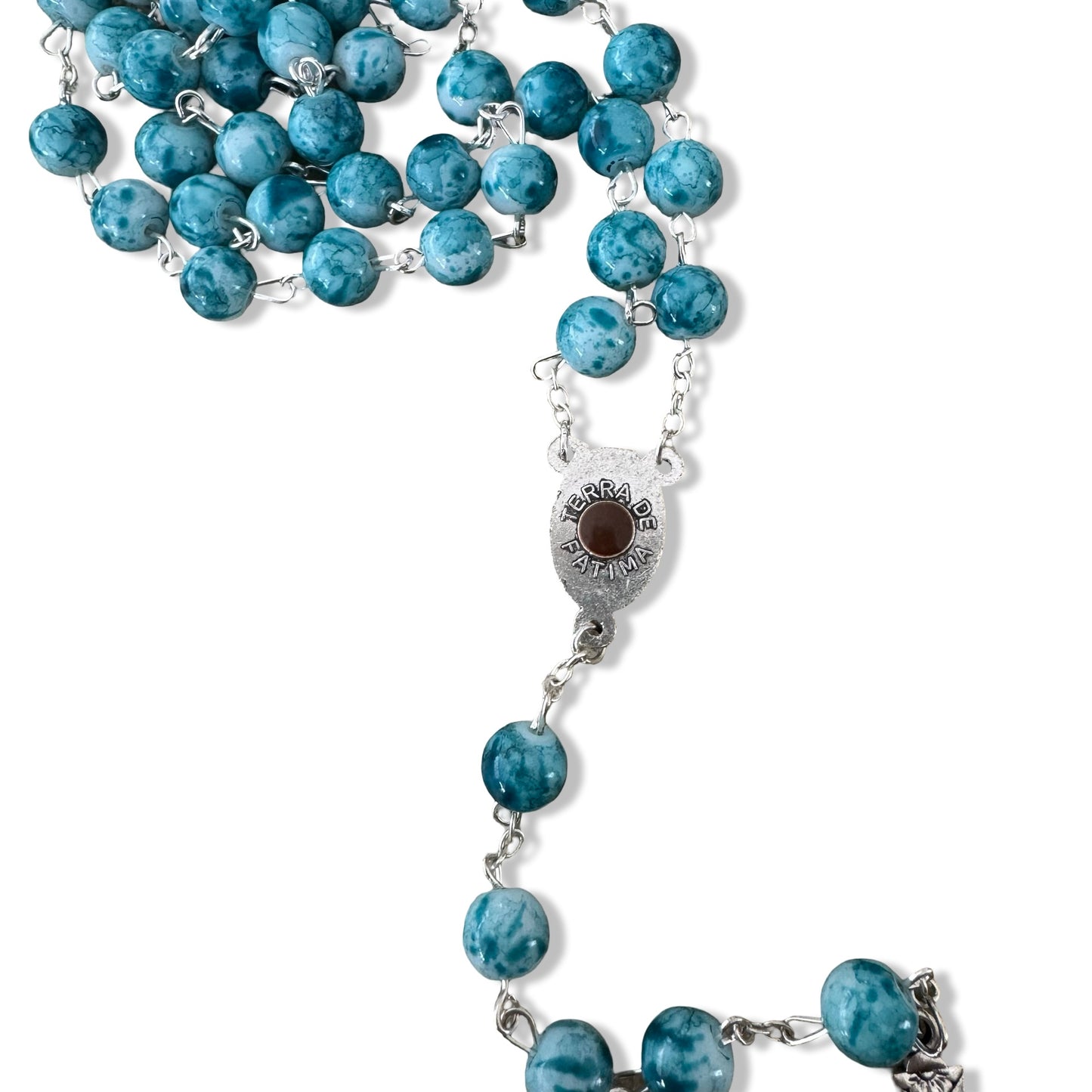 Large Blue Marble Rosary with Soil from Fatima