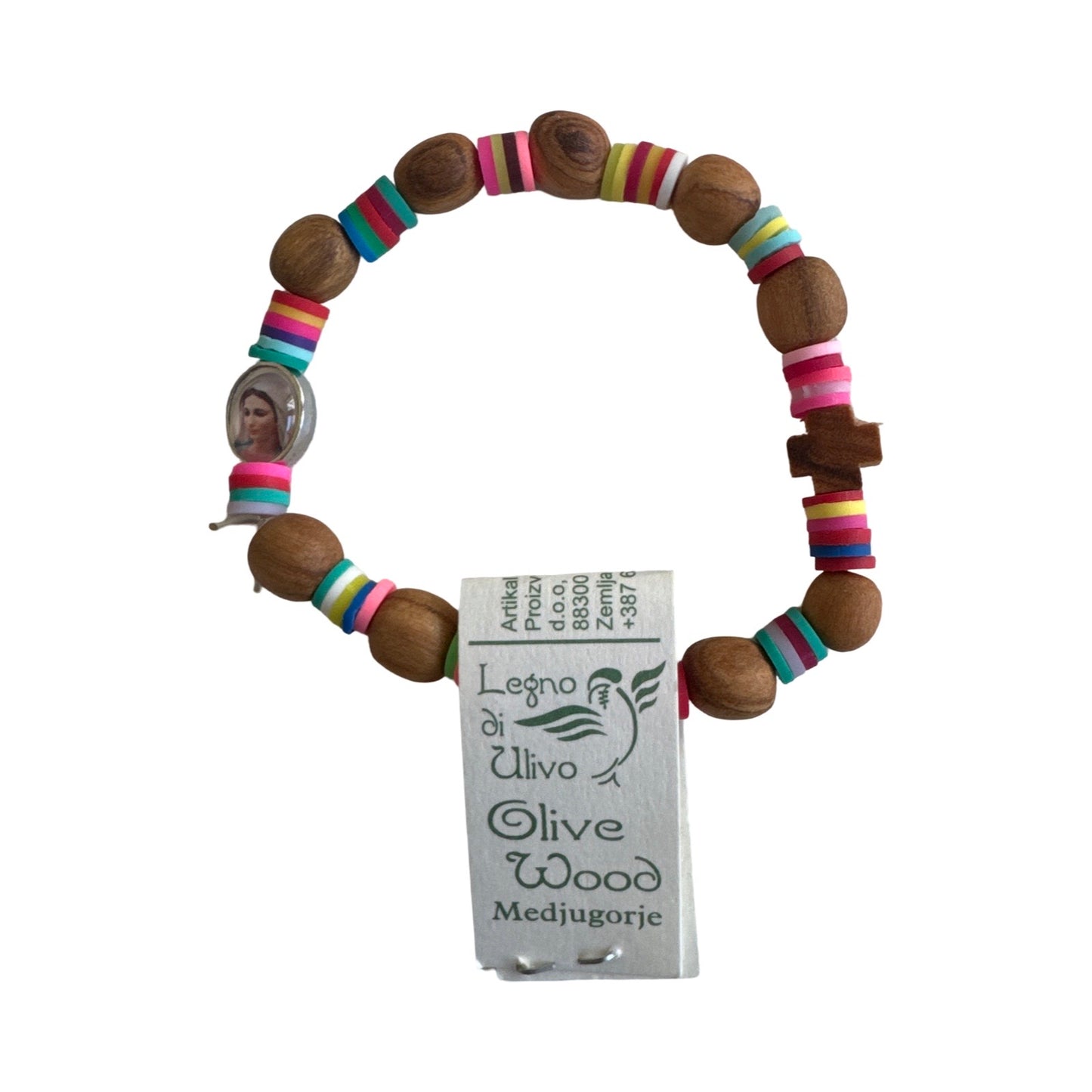 Queen of Peace Bright Multicolored Stretch Bracelet With Olive Wood Beads