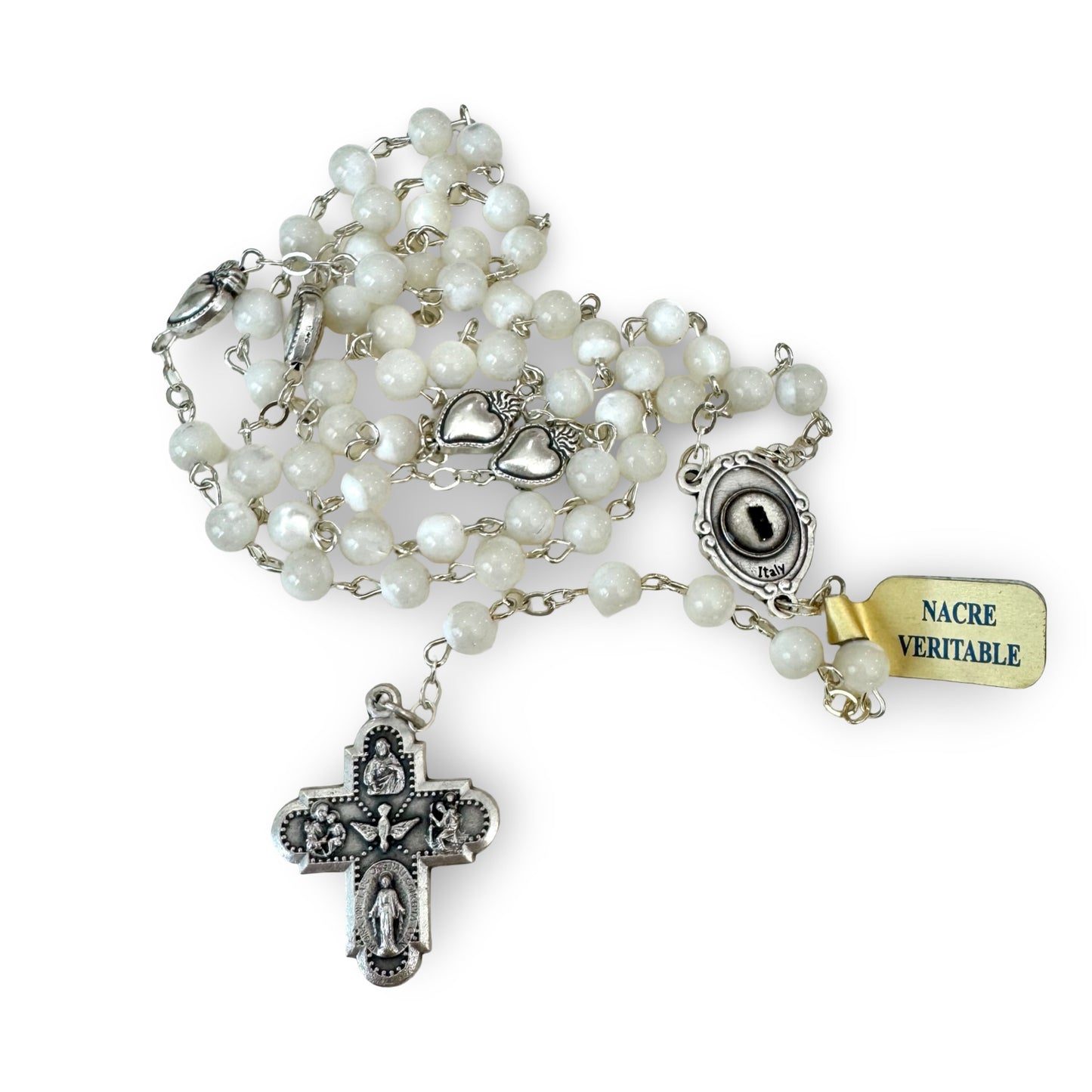 Mother of Pearl Padre Pio Relic Rosary with 4 Way Cross