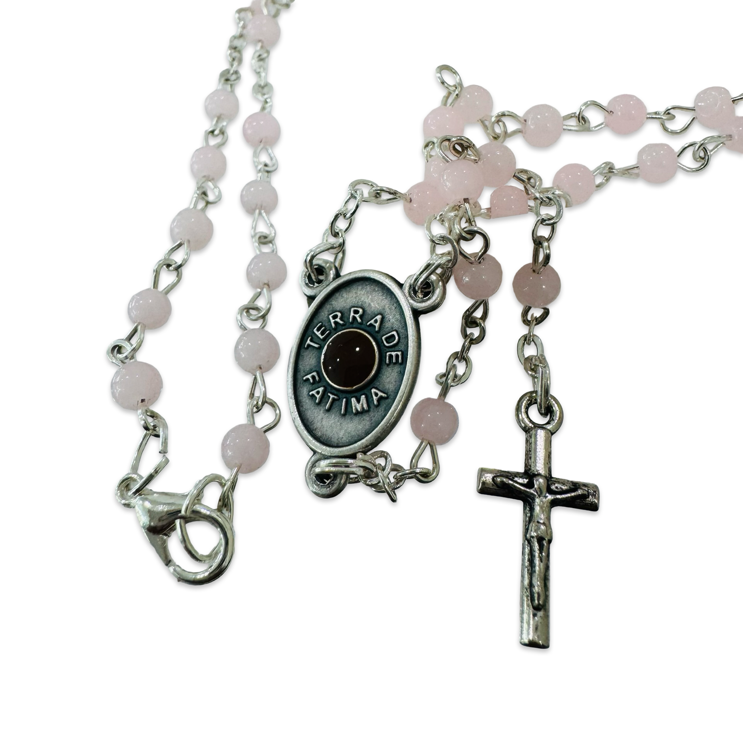 Tiny Pink Fatima Rosary Necklace with Soil