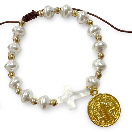 Pearl and Gold Adjustable St. Benedict Bracelet with Pearl Cross