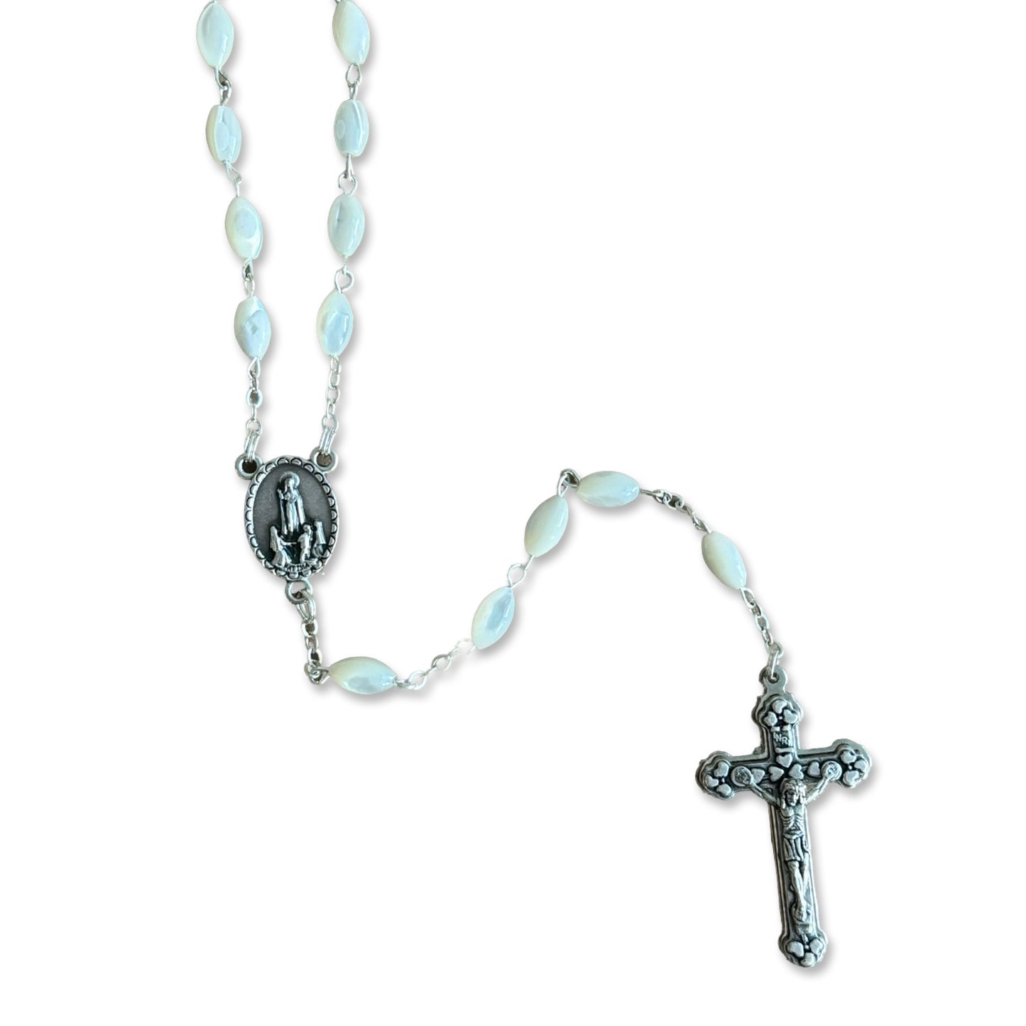 Oval Mother of Pearl Fatima Rosary with Heart Embellished Crucifix