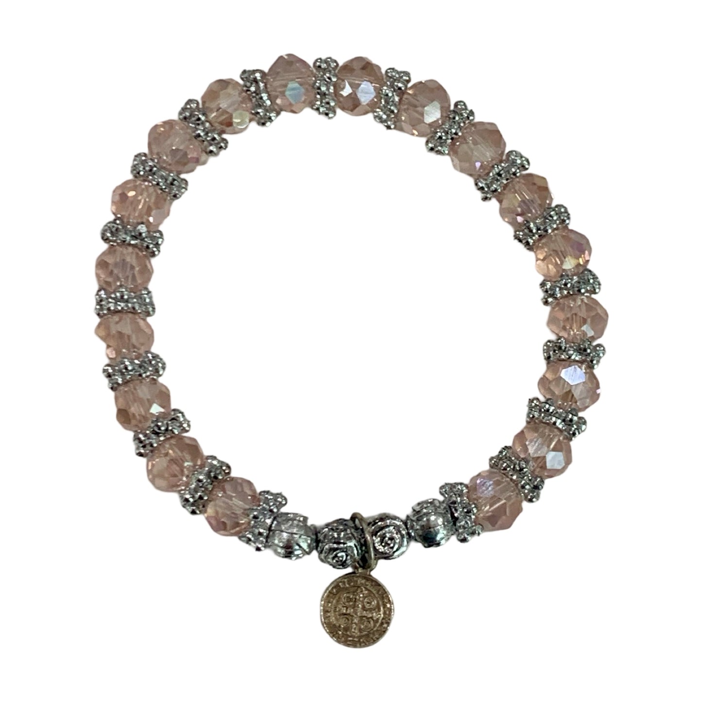 Stretchy Beaded Bracelet with Roses and St. Benedict Medal