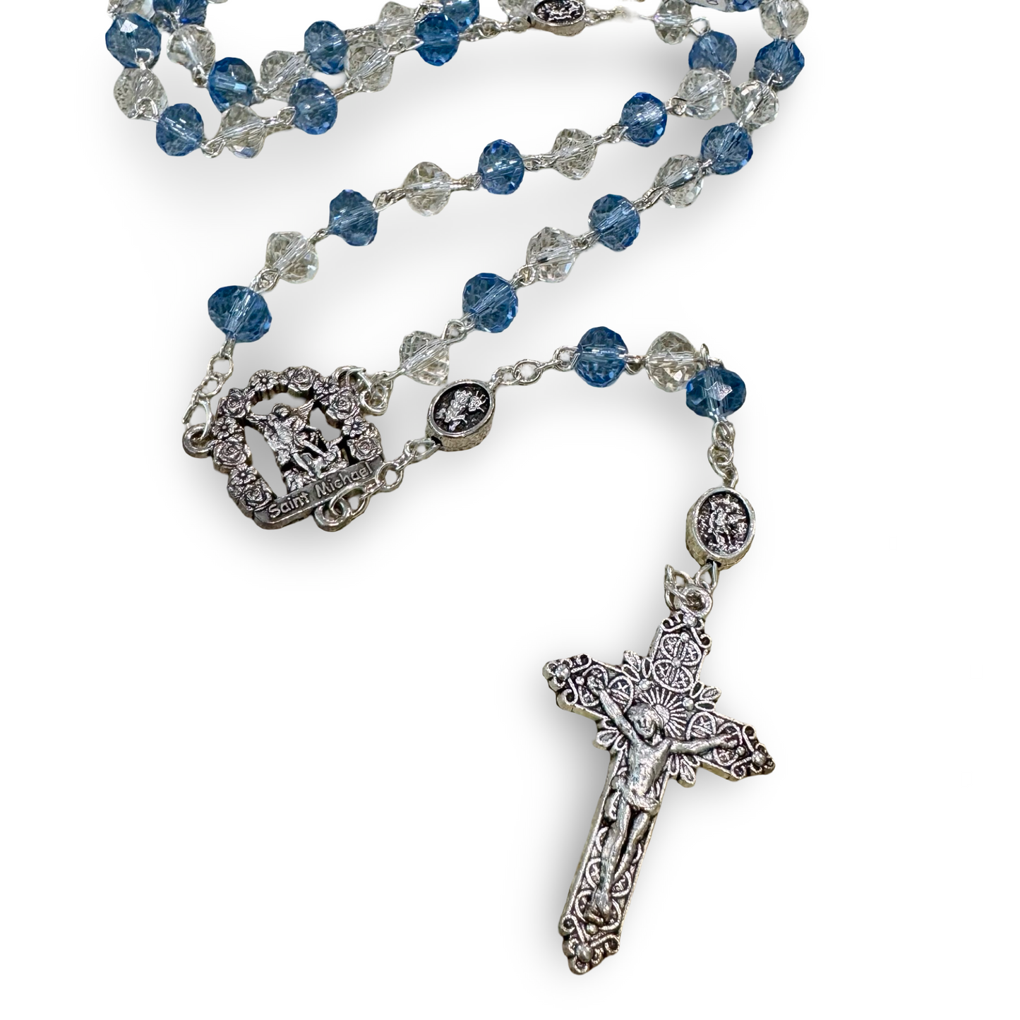 Crystal and Blue St. Michael Rosary in Case