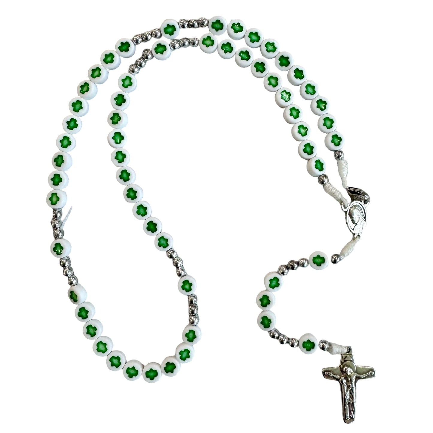 Queen of Peace Green and White Bead Rosary