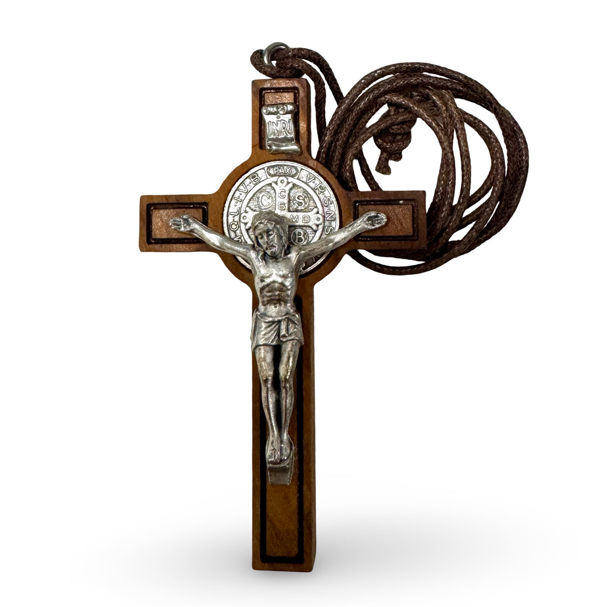 Large Wood St. Benedict Crucifix Pendant with String