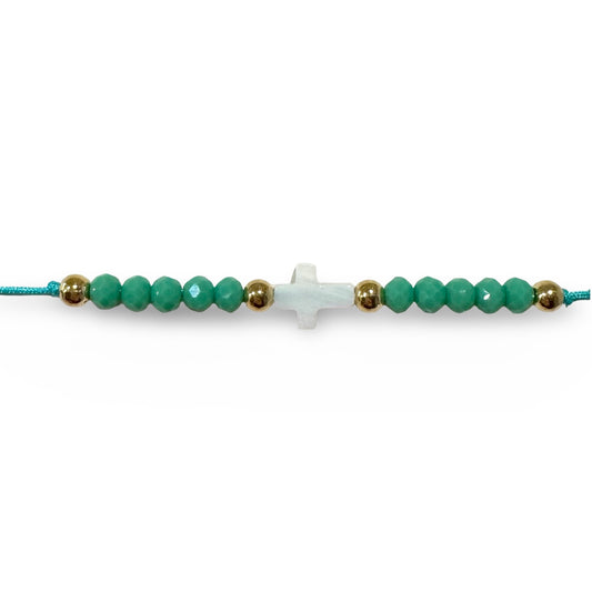 Adjustable String Bracelet with Pearl Cross and Copper Beads of Assorted Colors