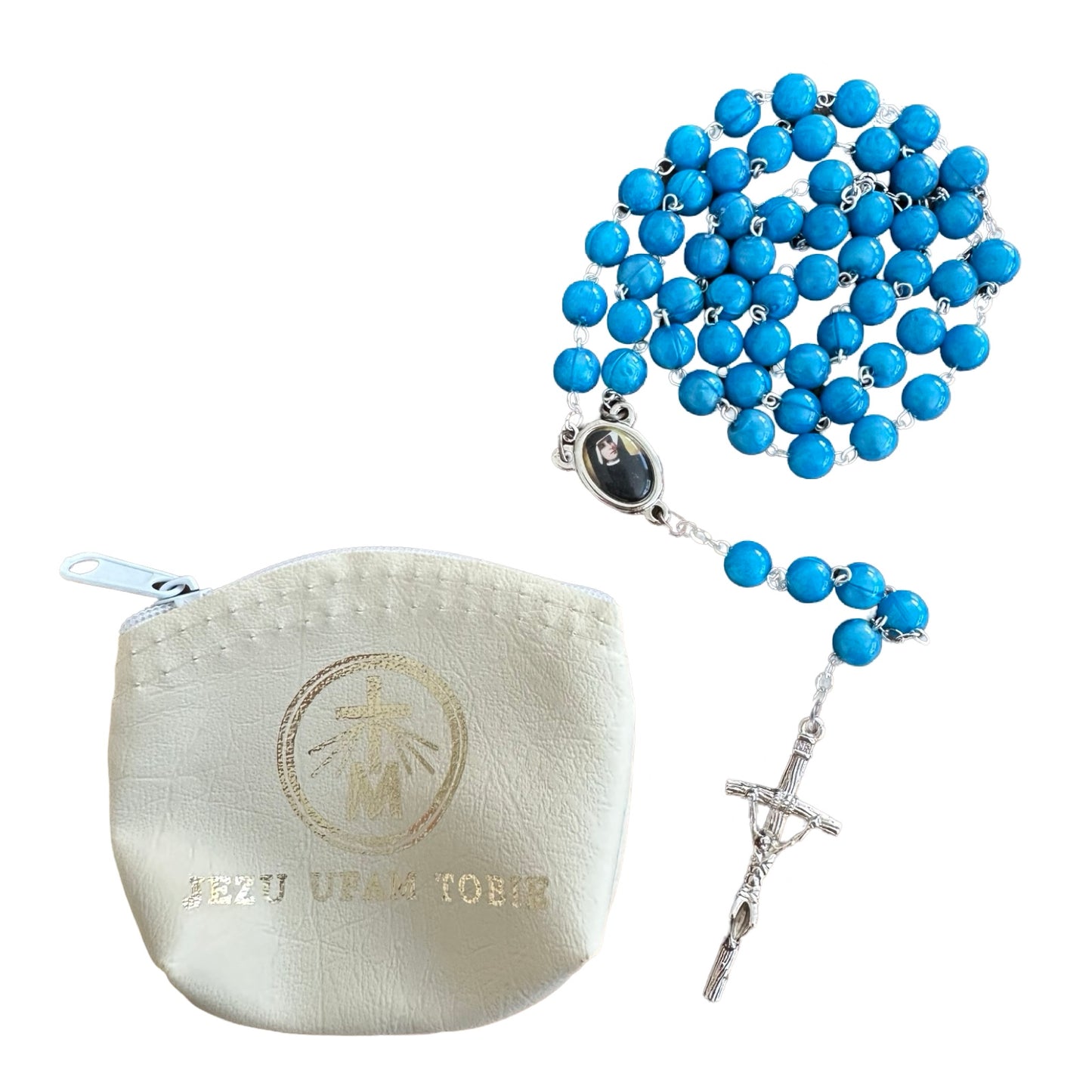 Marble St. Faustina Rosary with Relic and Pouch