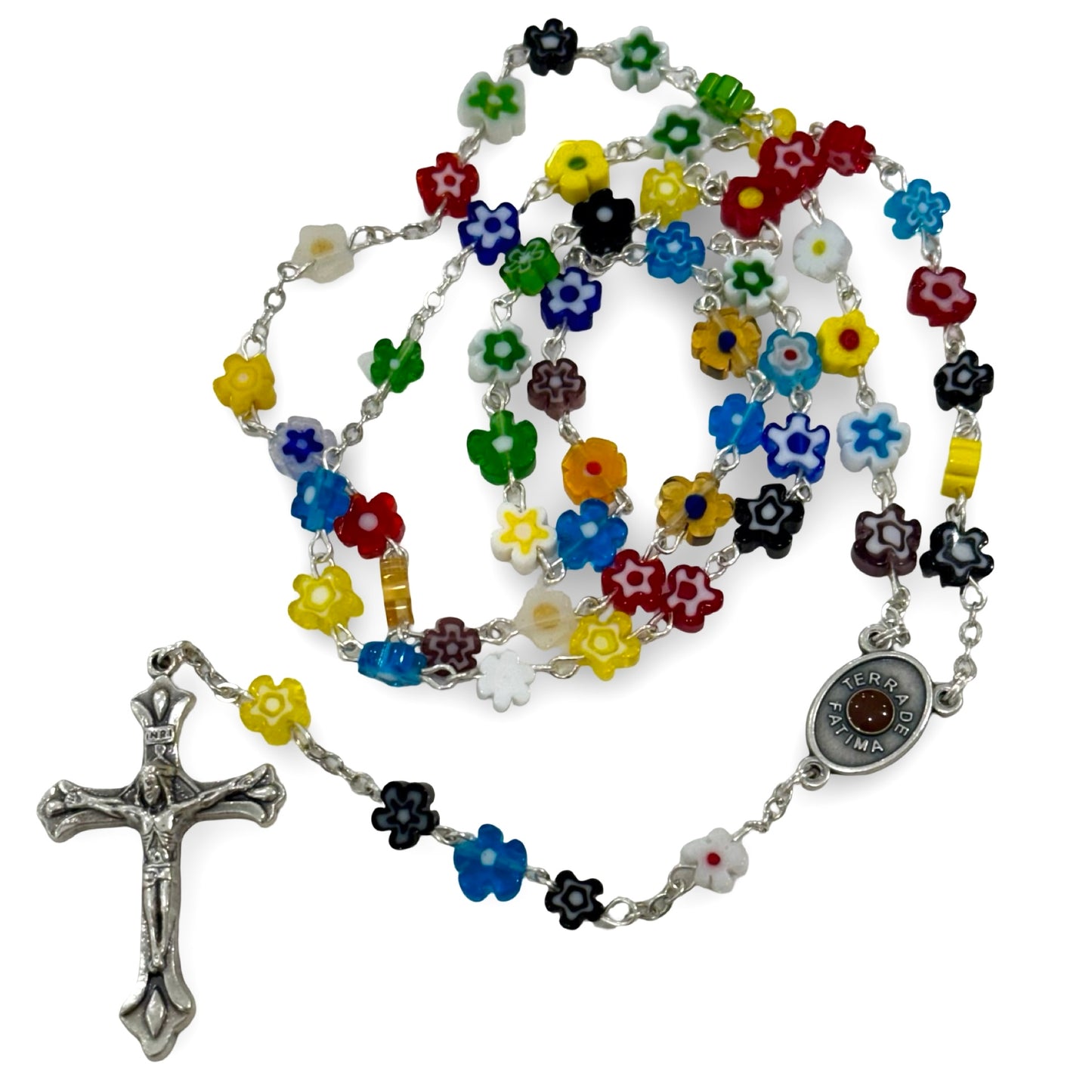 Multicolored Flower Beaded Fatima Rosary with Soil