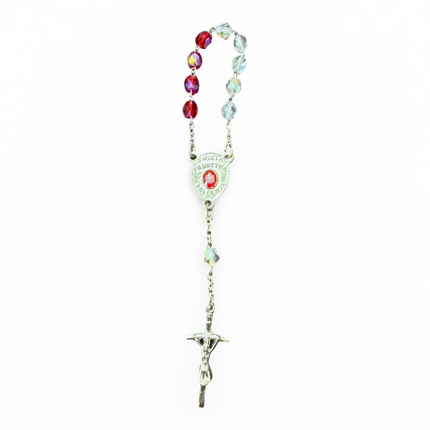 Crystal Blood and Water St. Faustina Decade Rosary with Relic and Crucifix - With Holy Card
