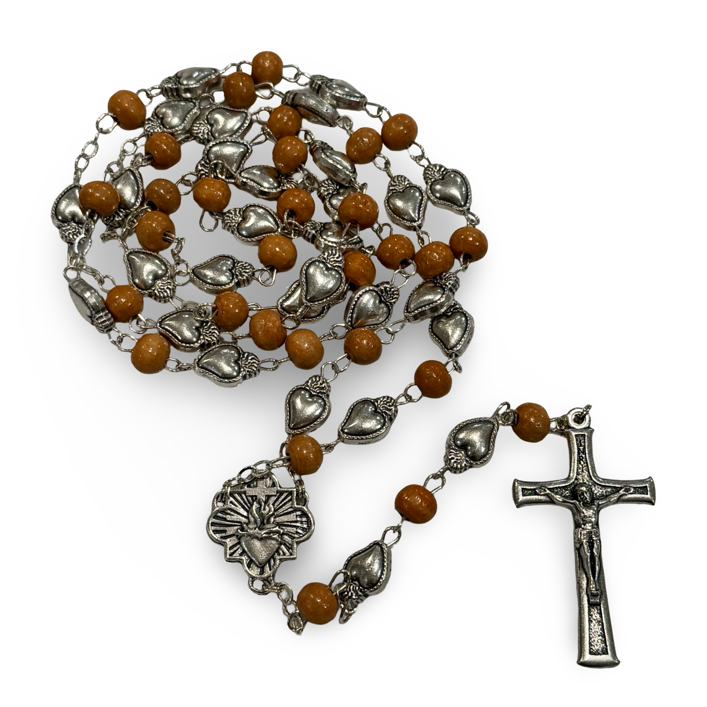 Wood and Medal Sacred Heart and Immaculate Heart Rosary