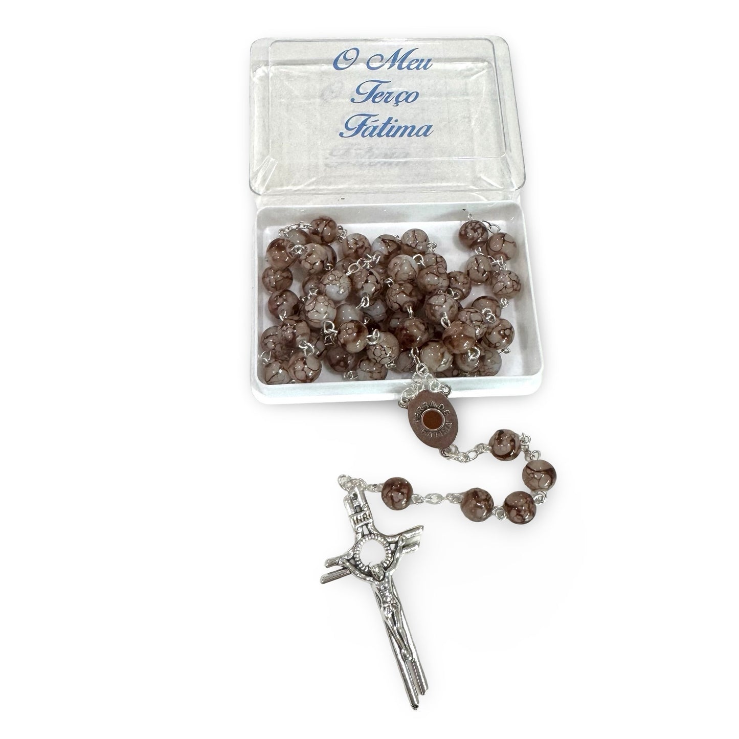 Fatima Rosary of Marbled Brown Beads and Centerpiece with Soil from Fatima