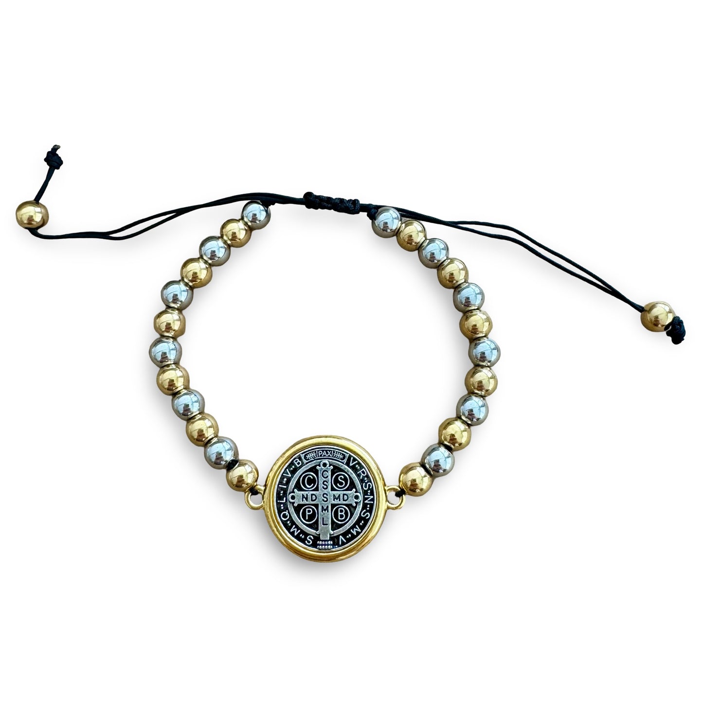 Adjustable Copper and Silver Beaded St. Benedict Bracelet