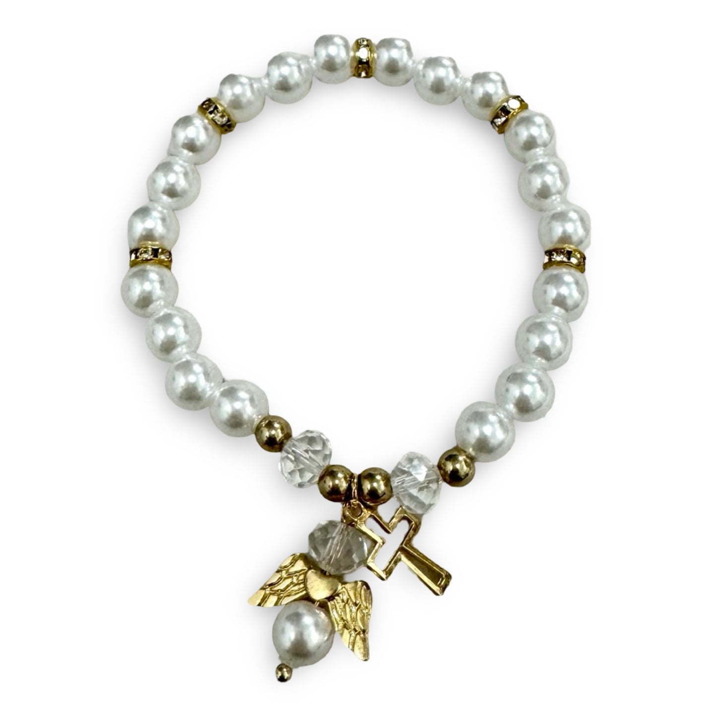 Pearl Bracelet with Angel and Cross Charms