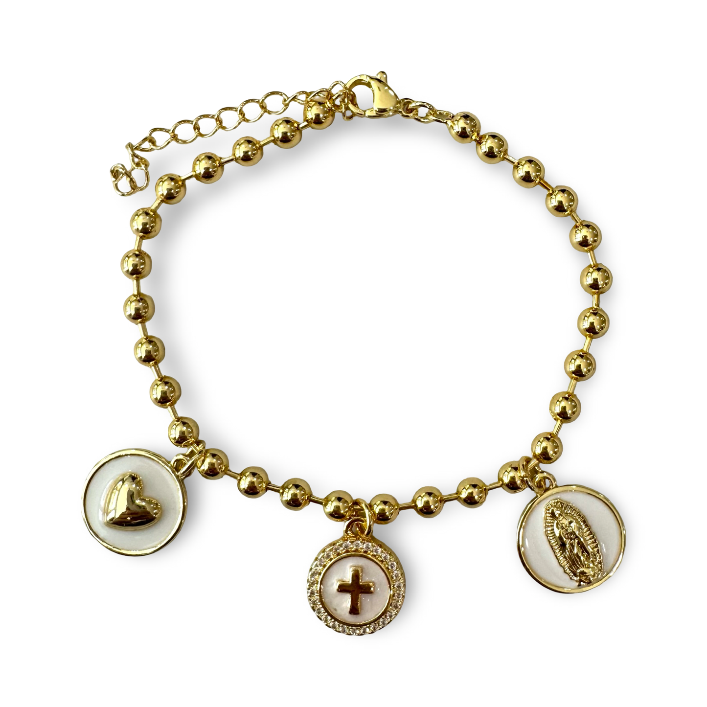 Gold Guadalupe Bracelet with Cross and Heart