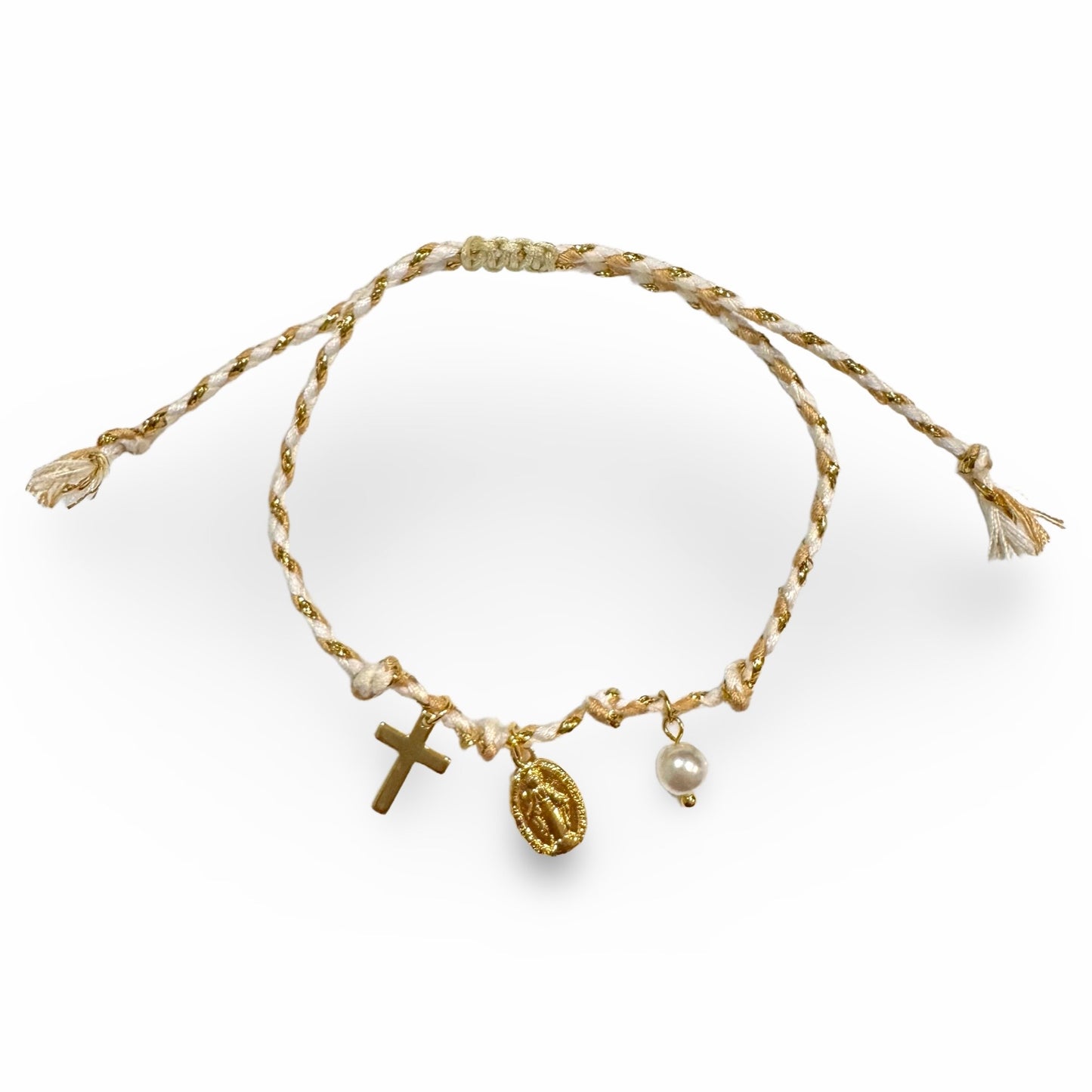 White and Gold Braided Cord Adjustable Bracelet