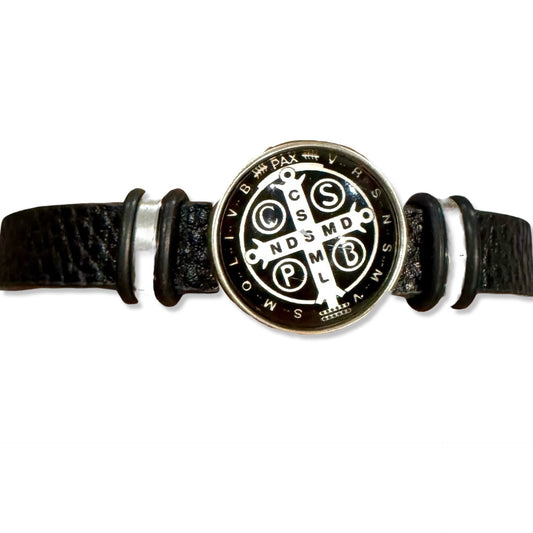 Large Black St. Benedict Leather Bracelet with Clasp