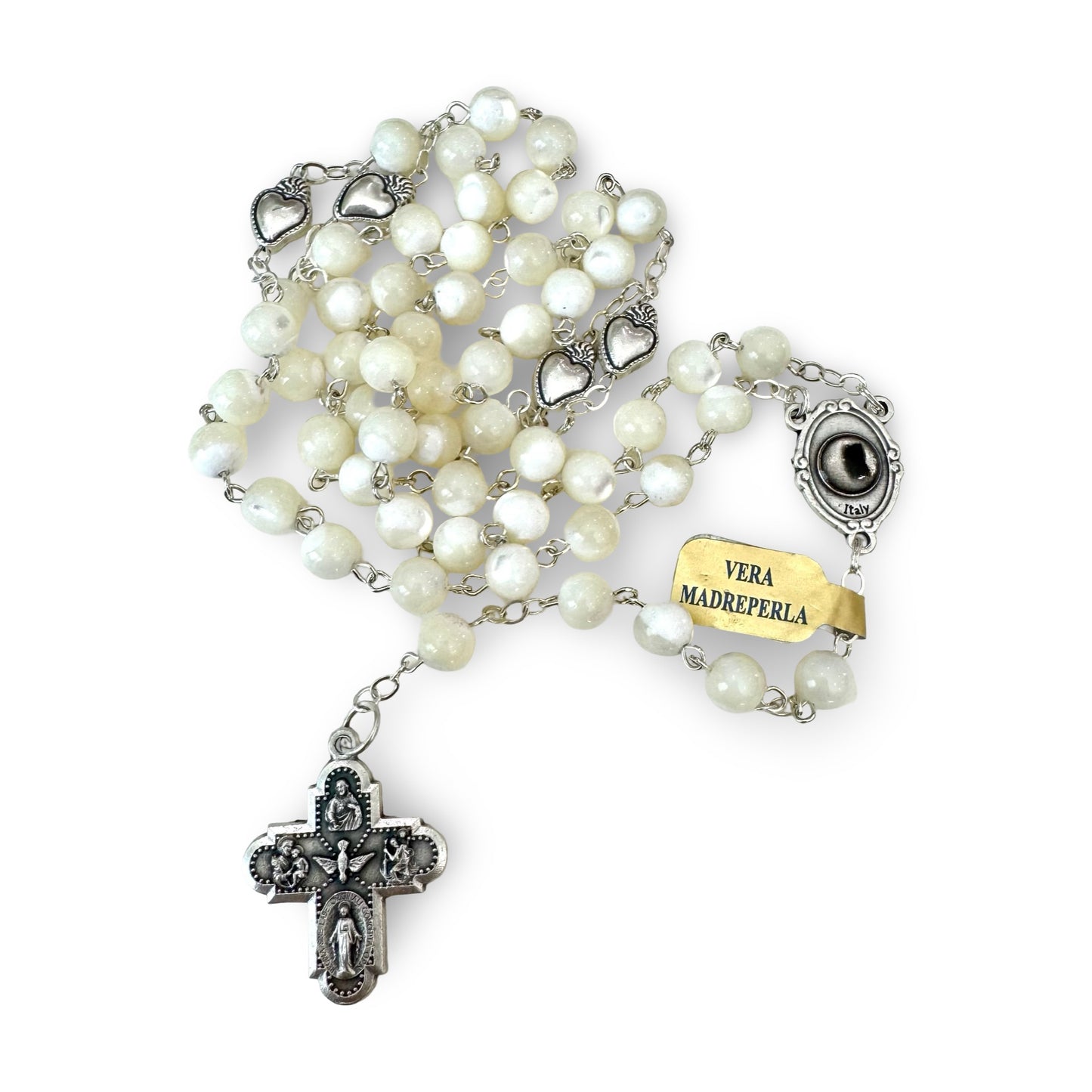 Mother of Pearl Padre Pio Relic Rosary with 4 Way Cross