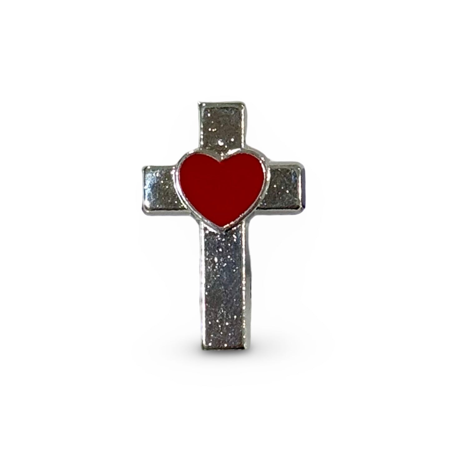 Silver Cross with Red Heart Pin