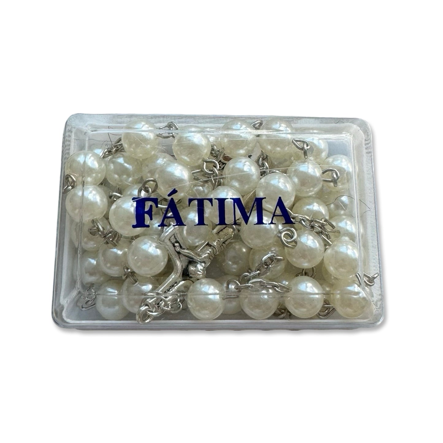 Large Pearl Fatima Rosary with Soil from Fatima in Case