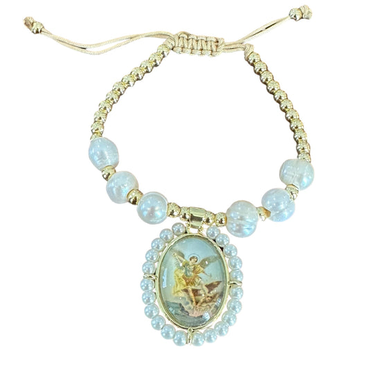 St. Michael Gold and Pearl Beaded Adjustable Bracelet