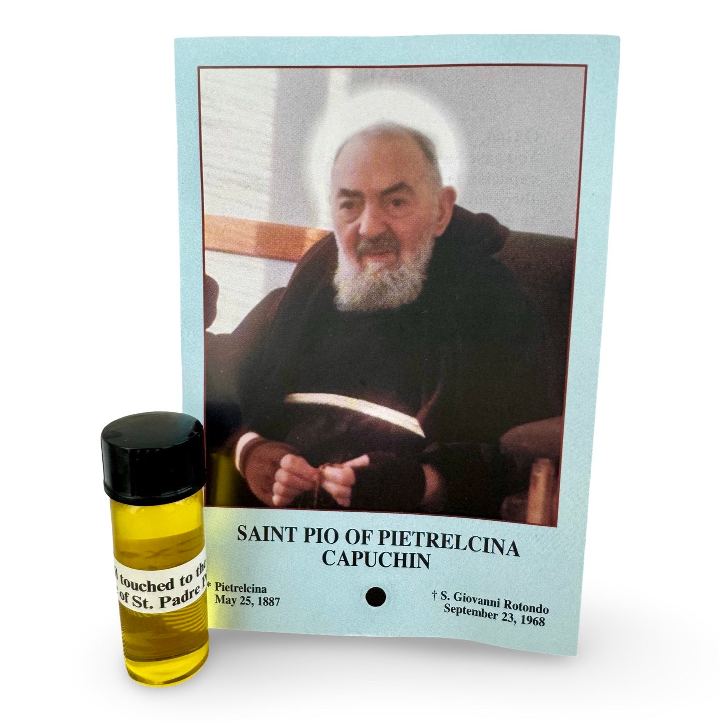 Padre Pio Oil with Relic Holy Card