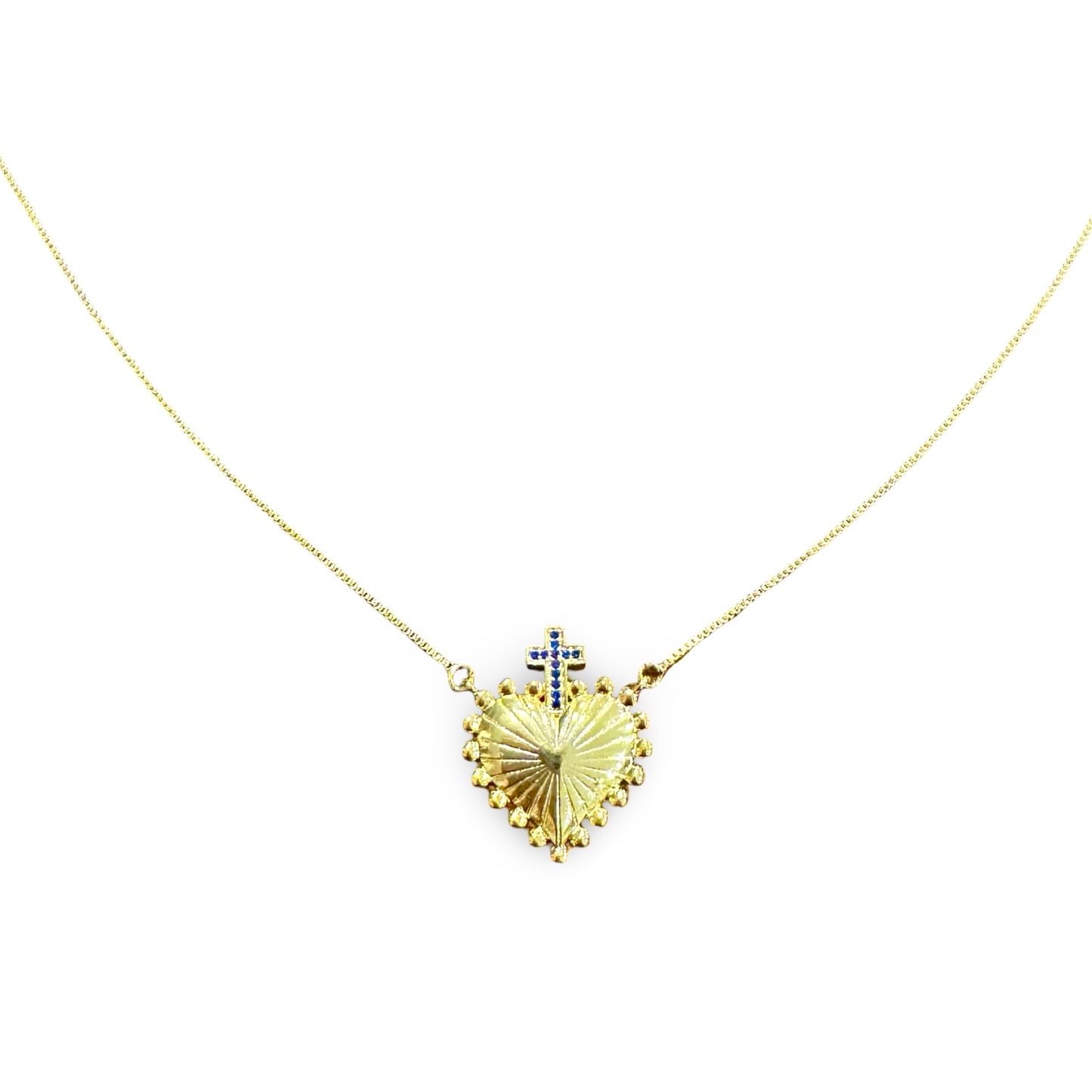 Gold Sacred Heart Necklace with Rhinestone Cross