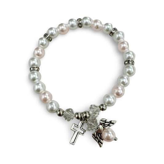 Pearl Bracelet with Angel and Cross Charms