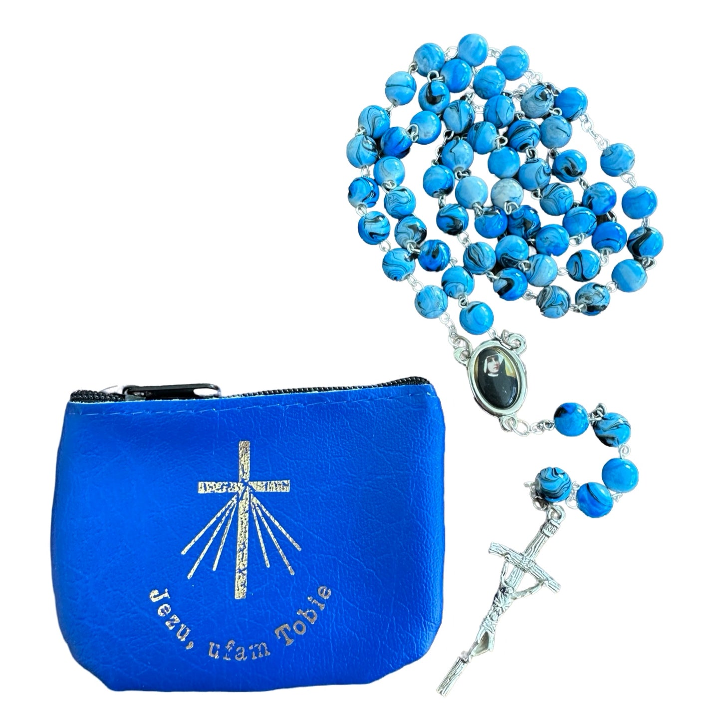 Marble St. Faustina Rosary with Relic and Pouch