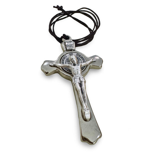 Silver St. Benedict Crucifix with Brown Rope