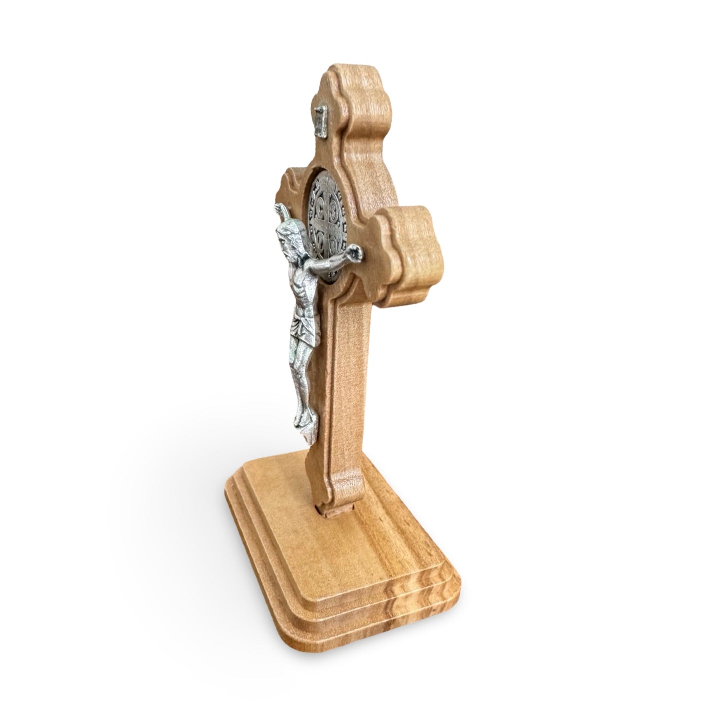 Small Olive Wood Standing Crucifix with St. Benedict Medal
