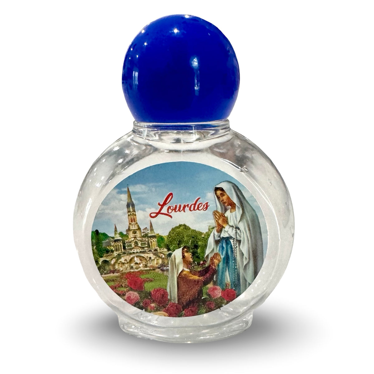 Round Plastic Lourdes Holy Water Bottle with Blue Cap