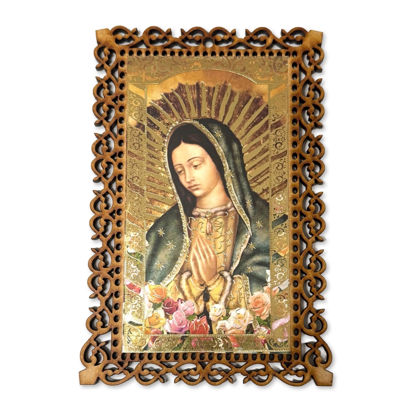 Wood Carved Floral Guadalupe Portrait Image