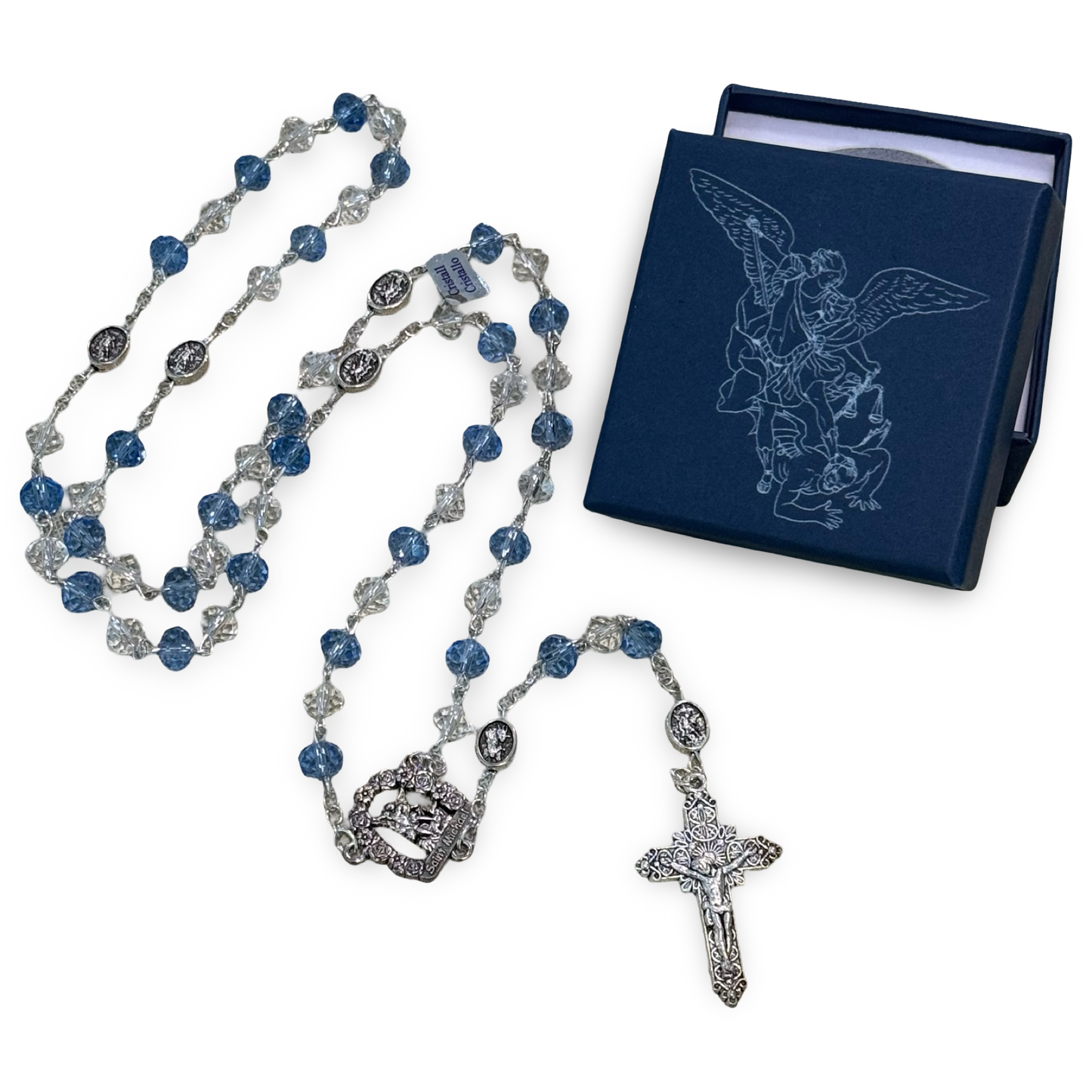 Crystal and Blue St. Michael Rosary in Case