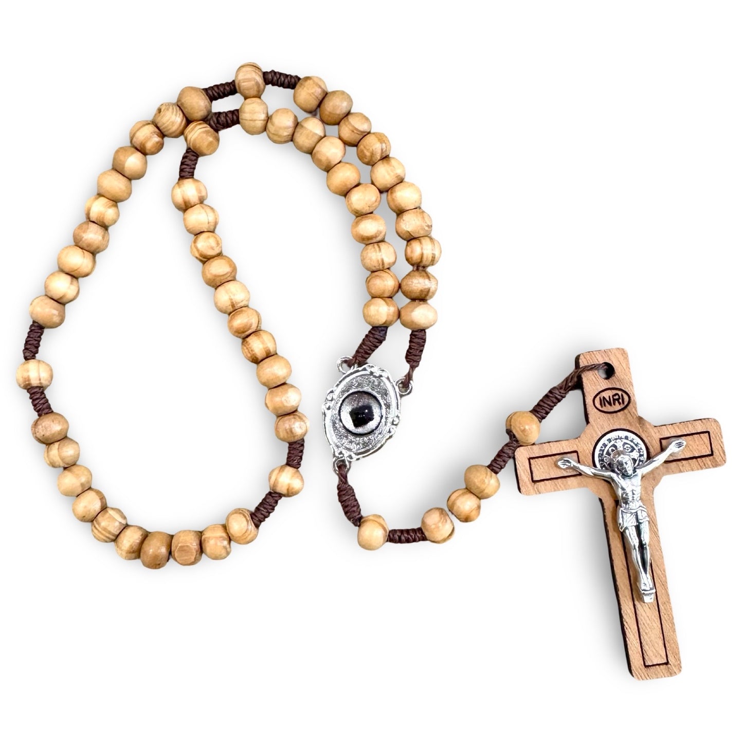 Padre Pio Wooden Rosary with Relic and St. Benedict Crucifix