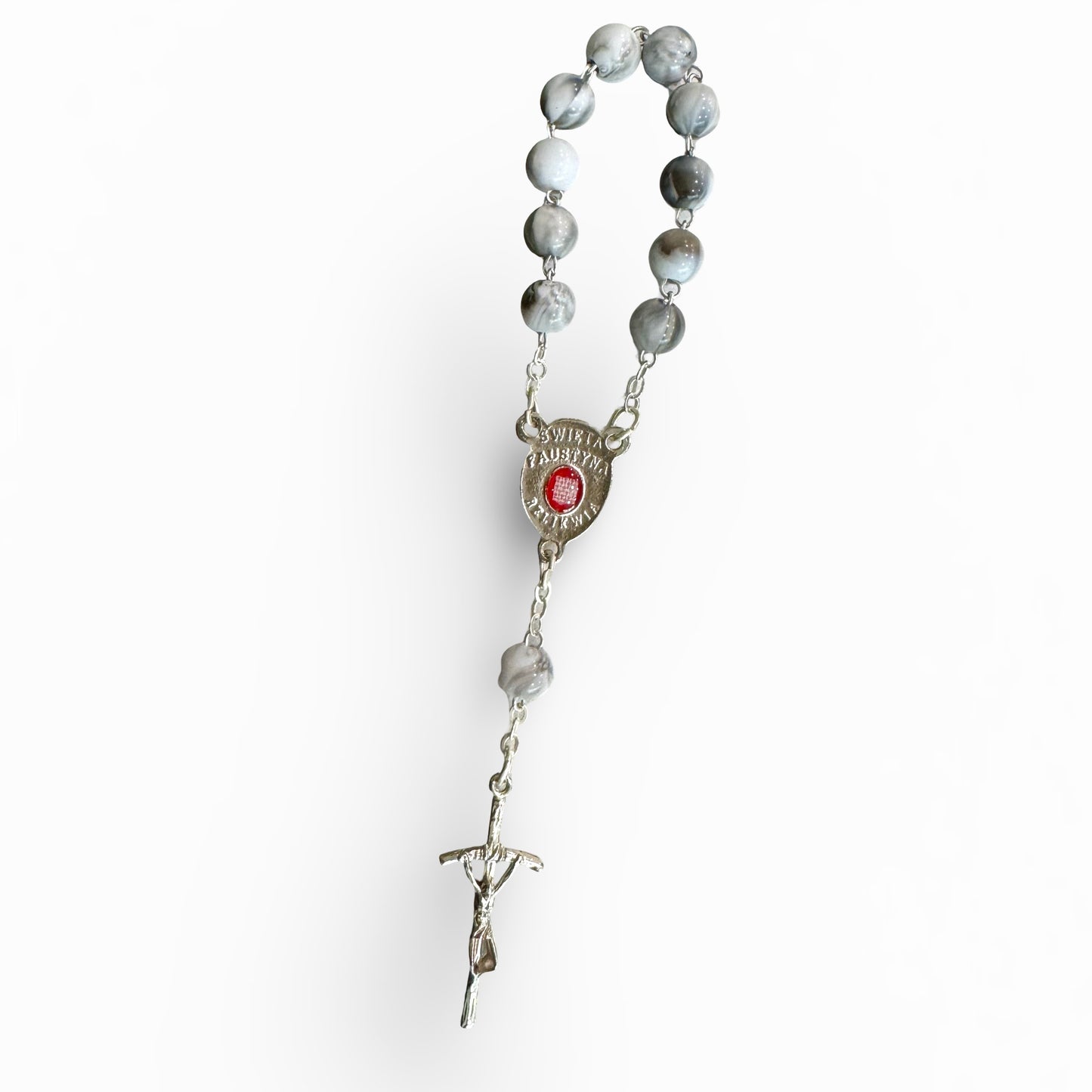 Round Marble St. Faustina Decade Rosary with Relic and Holy Card