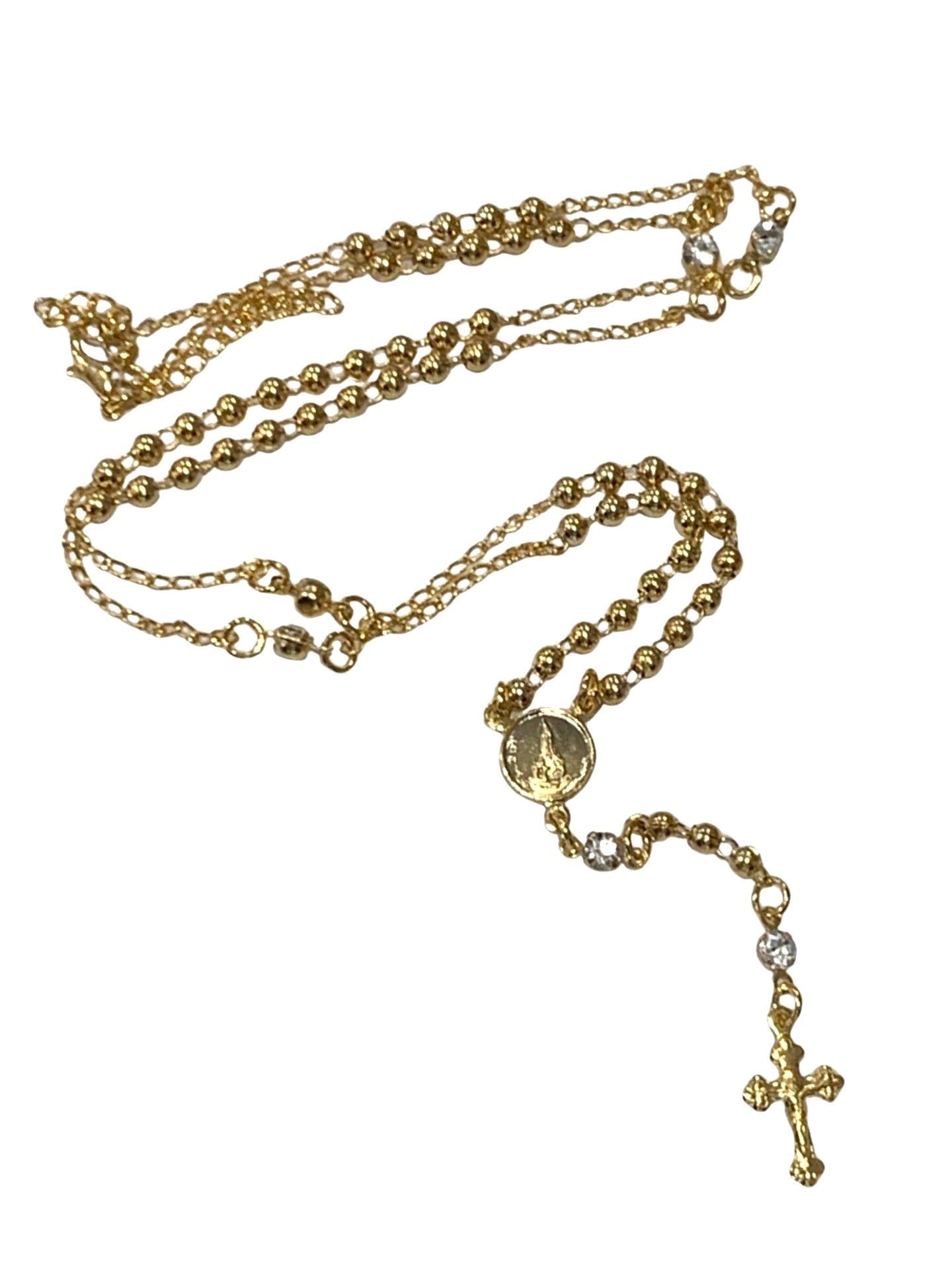 Gold Rosary Necklace with Crystal Accent in Framed Display Case