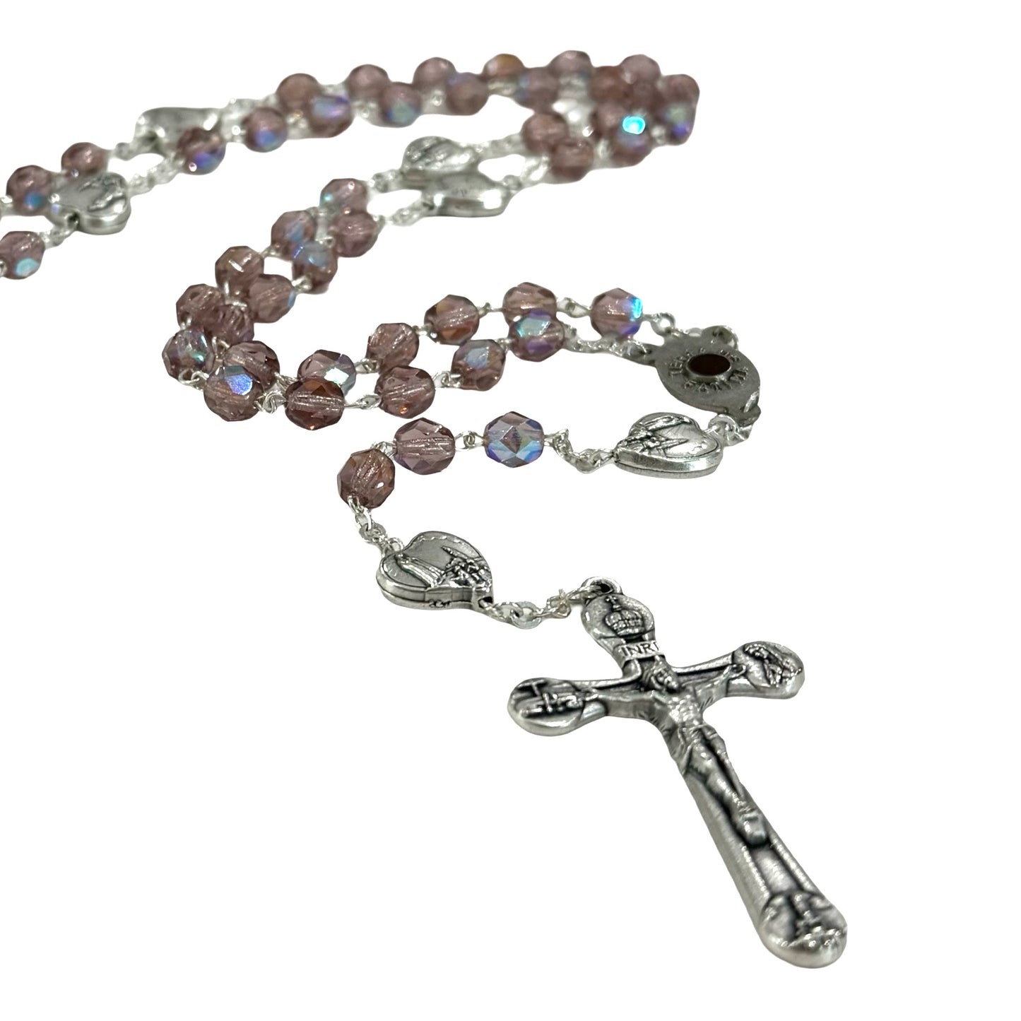 Large Beaded Purple Crystal Rosary with Soil from Fatima and Heart Beads