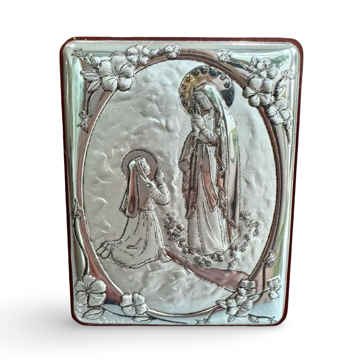 Square Silver Image of Our Lady of Lourdes and St. Bernadette