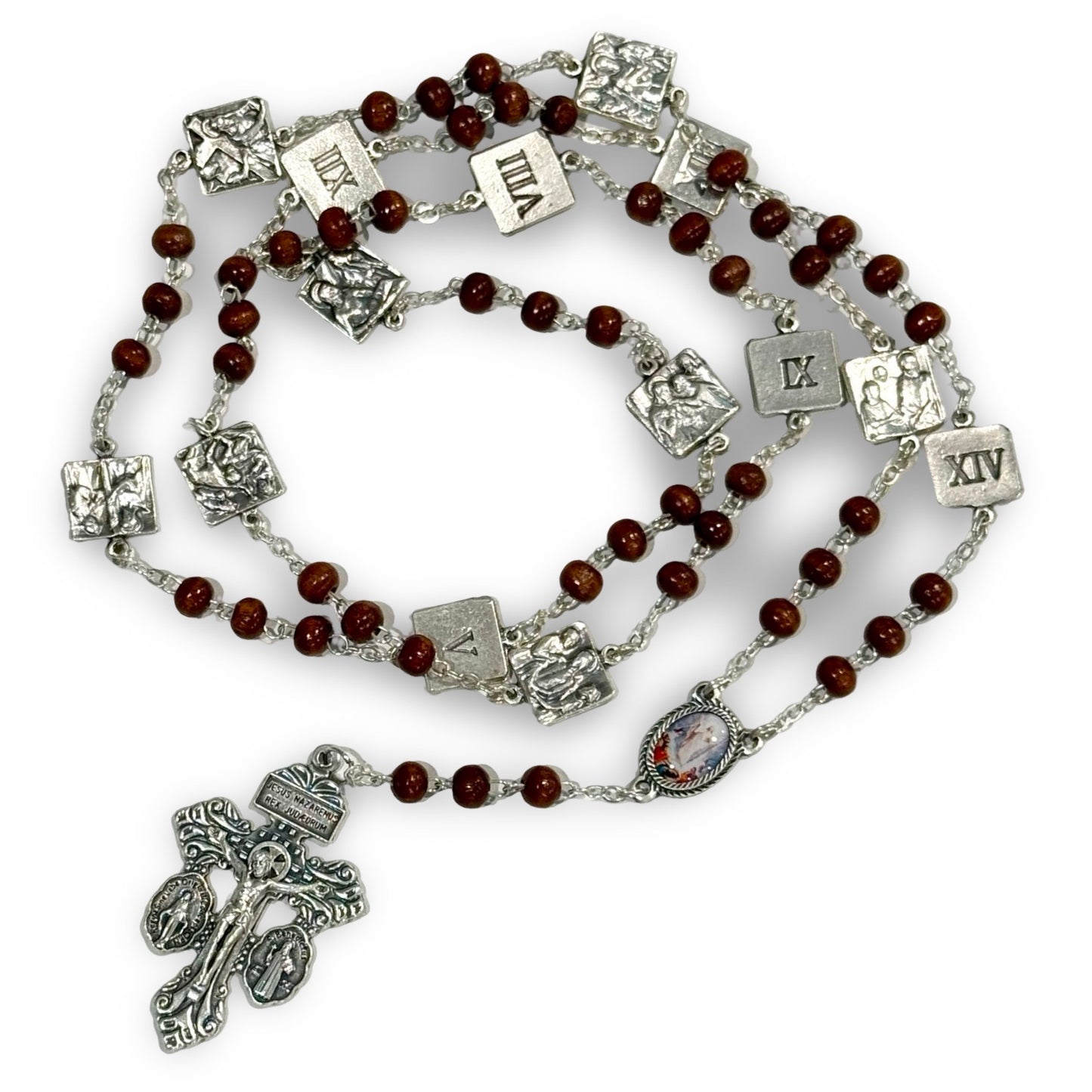 Wood Beaded Stations of the Cross Chaplet with Silver Stations and Pardon Crucifix