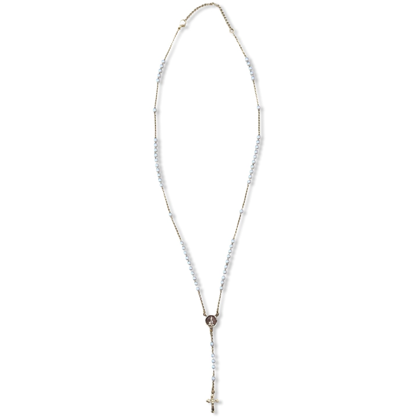 Gold and Pearl Fatima Rosary Necklace