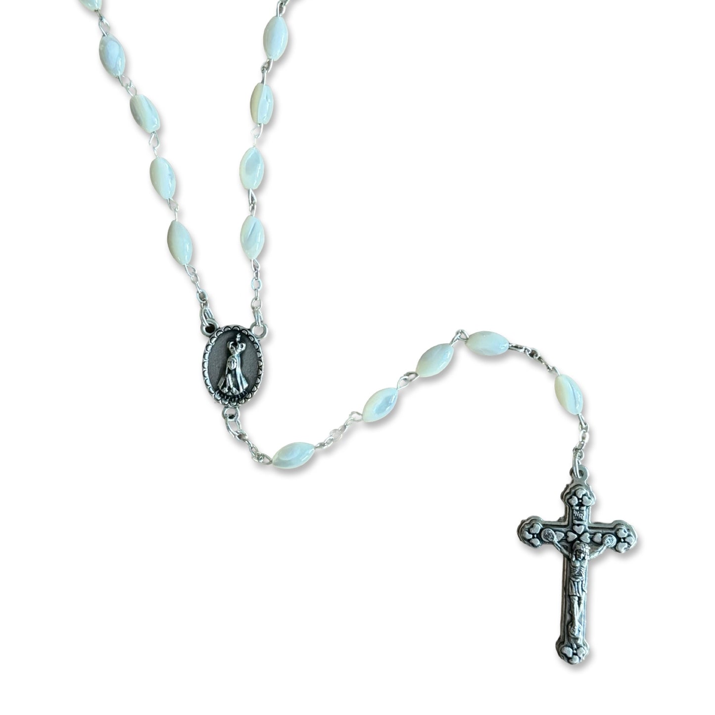 Oval Mother of Pearl Fatima Rosary with Heart Embellished Crucifix