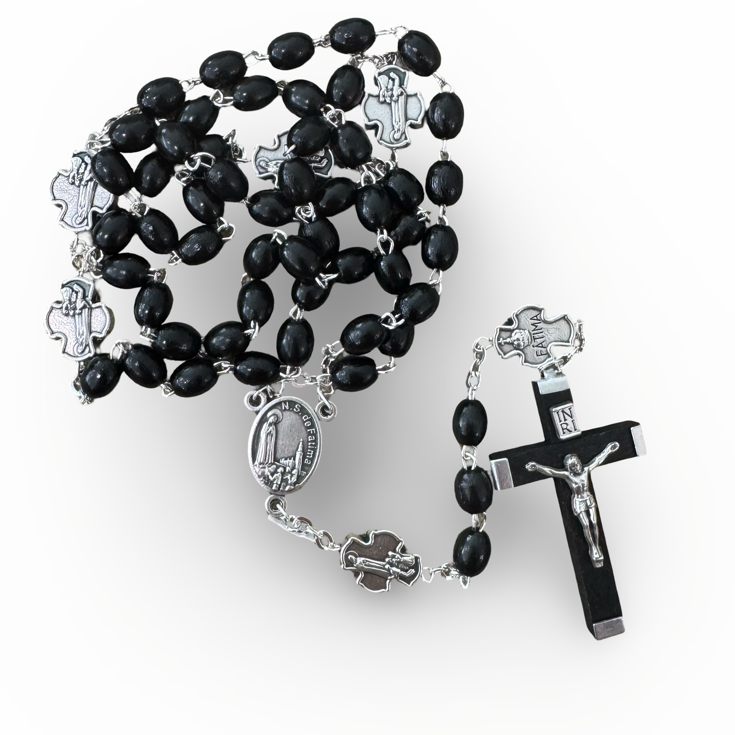 Black Wood Rosary with Cross Beads and Soil from Fatima