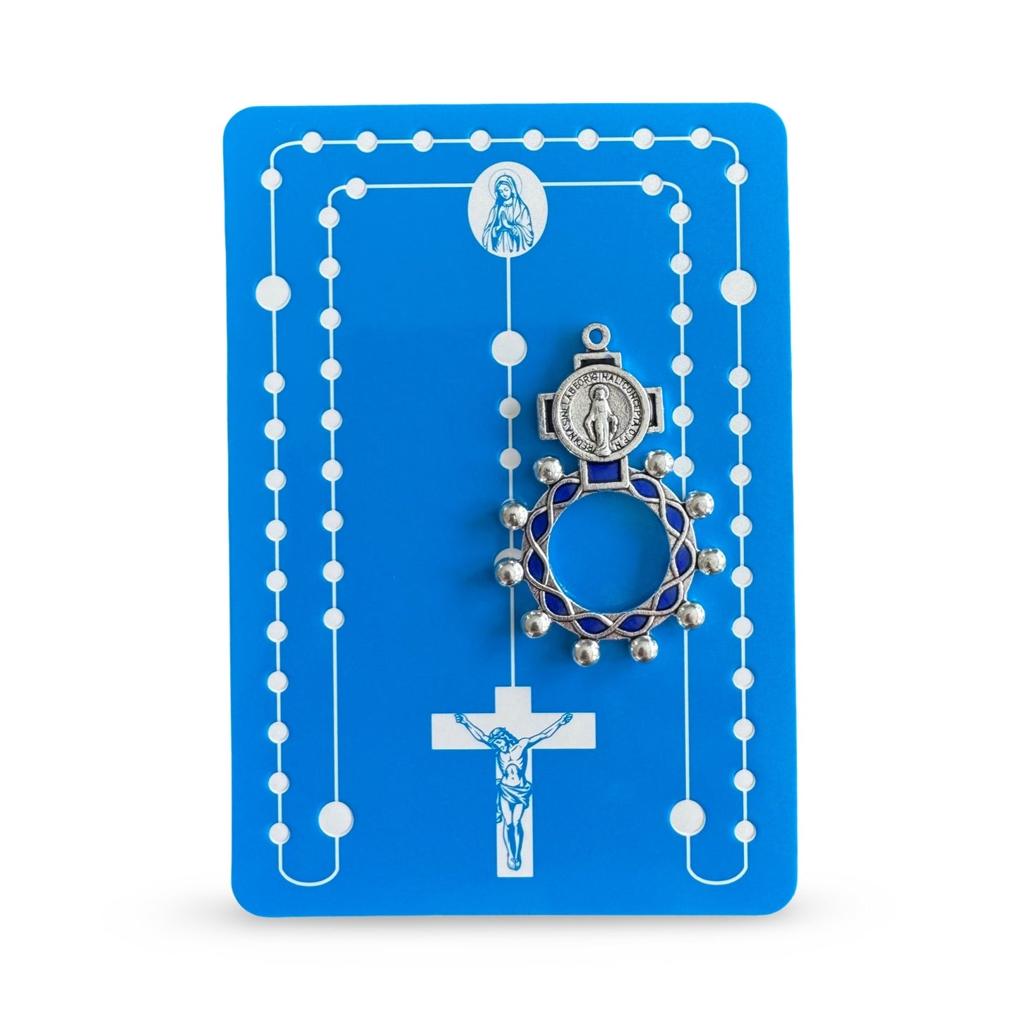 Blue and Silver Miraculous Medal Rosary Ring with Holy Card