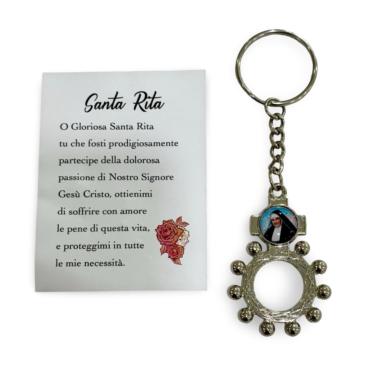 St. Rita Ring Rosary Keychain with Holy Card